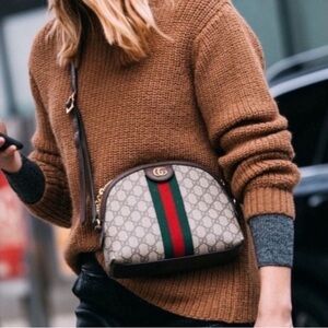 Gucci Beige/Brown Crossbody Bag with Green & Red Stripe